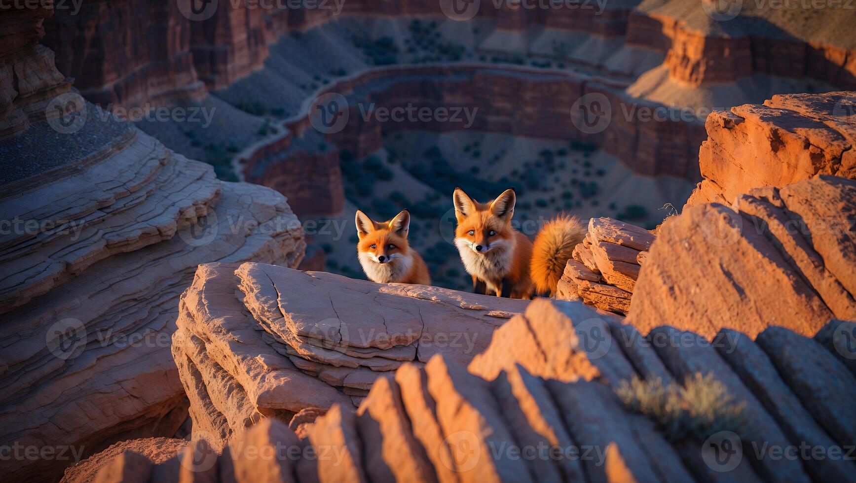Two Foxes Overlooking the Canyon Landscape During Warm Sunset Light photo