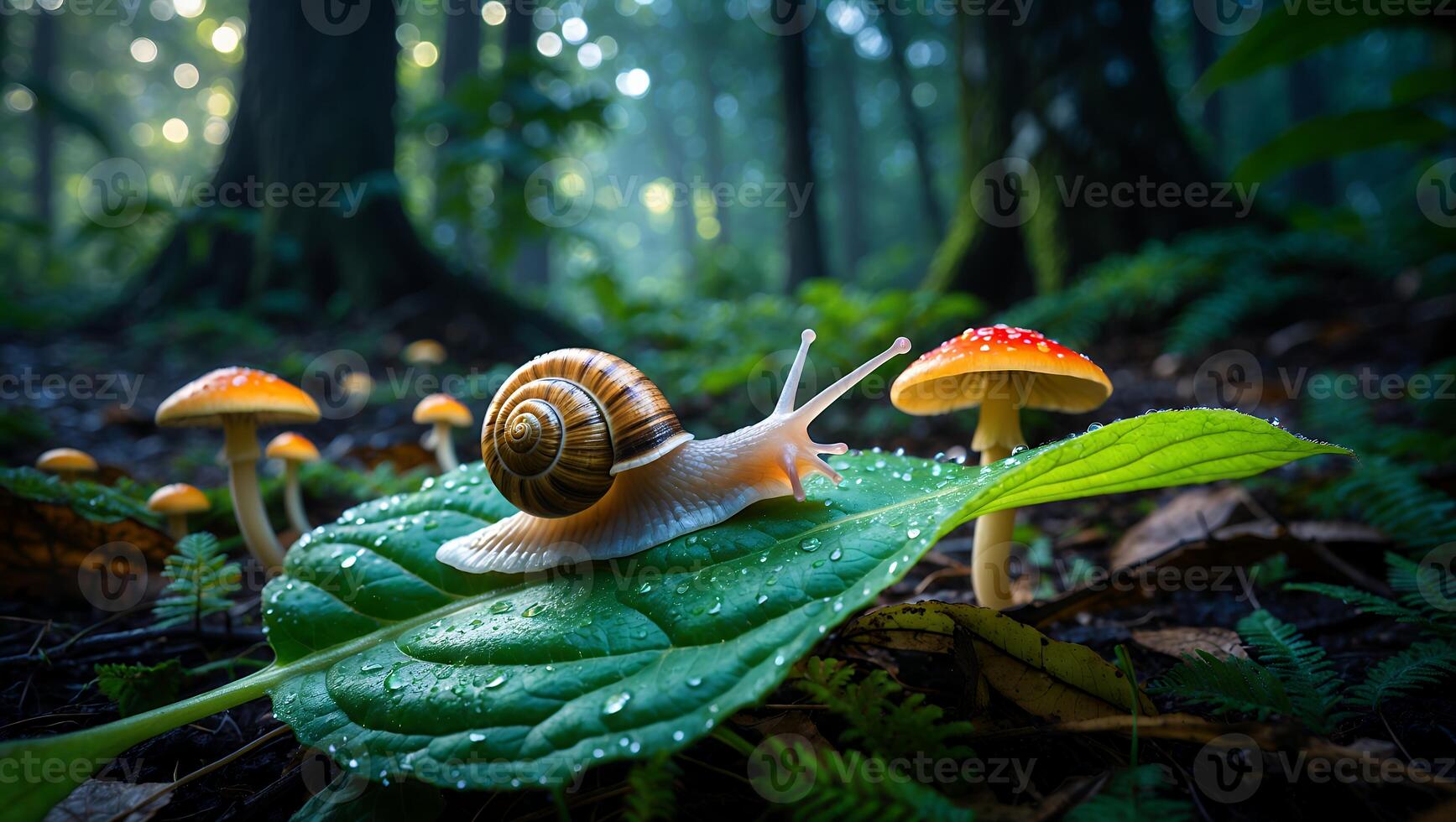 Snail Crawling on Wet Leaf in Forest with Mushrooms photo