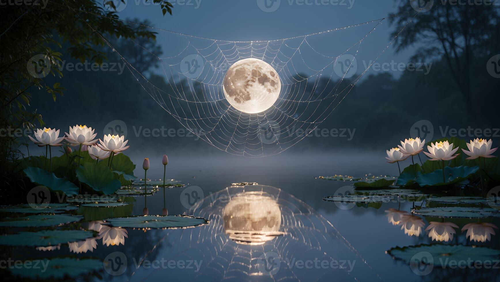 Moon in Spiderweb Over Pond with Lily Pads at Dusk photo