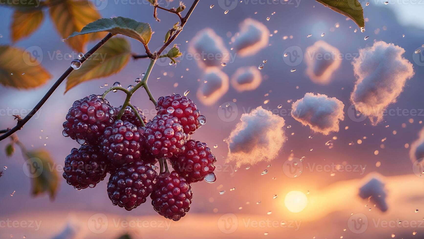Ripe Berries Hanging with Raindrops Against Sunset and Cloudy Sky photo