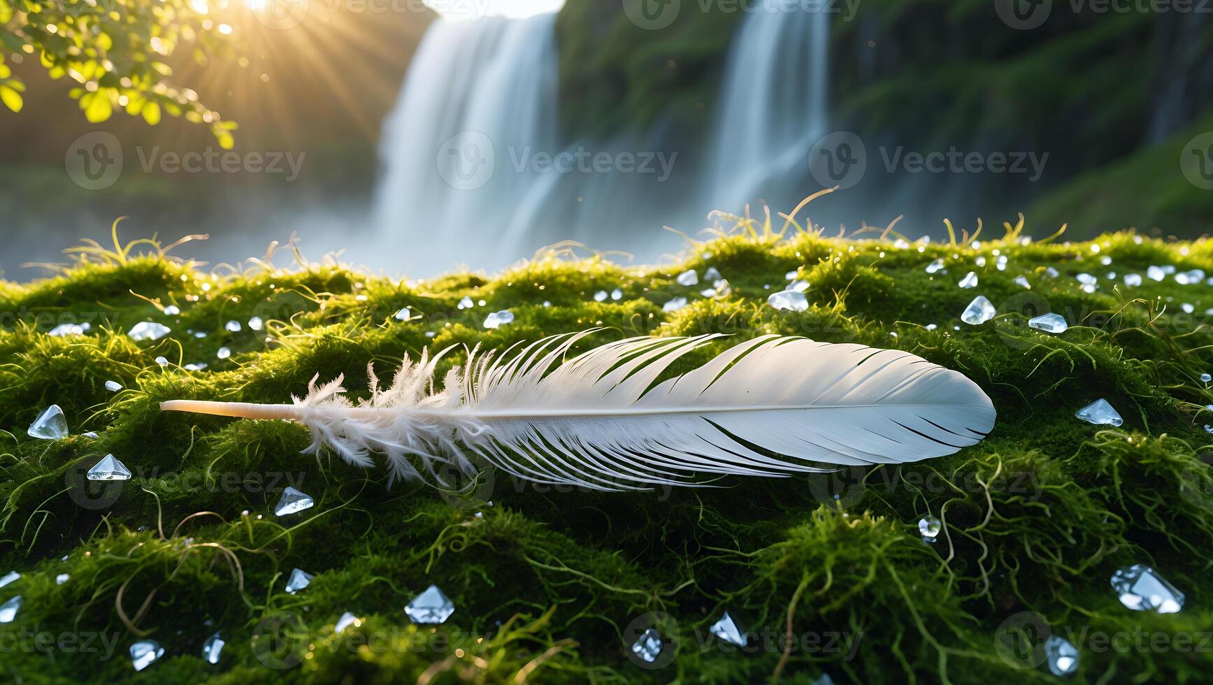 Feather Resting on Mossy Surface Near Flowing Waterfall with Sunlight photo
