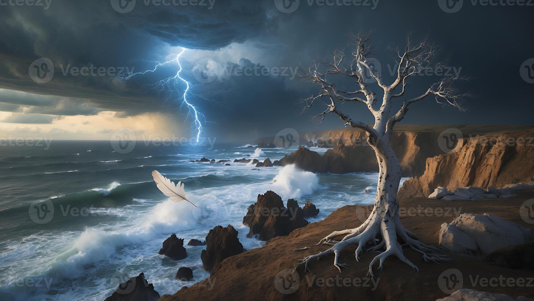 Coastal Landscape with Dramatic Lightning Storm, Feather, and Bare Tree photo