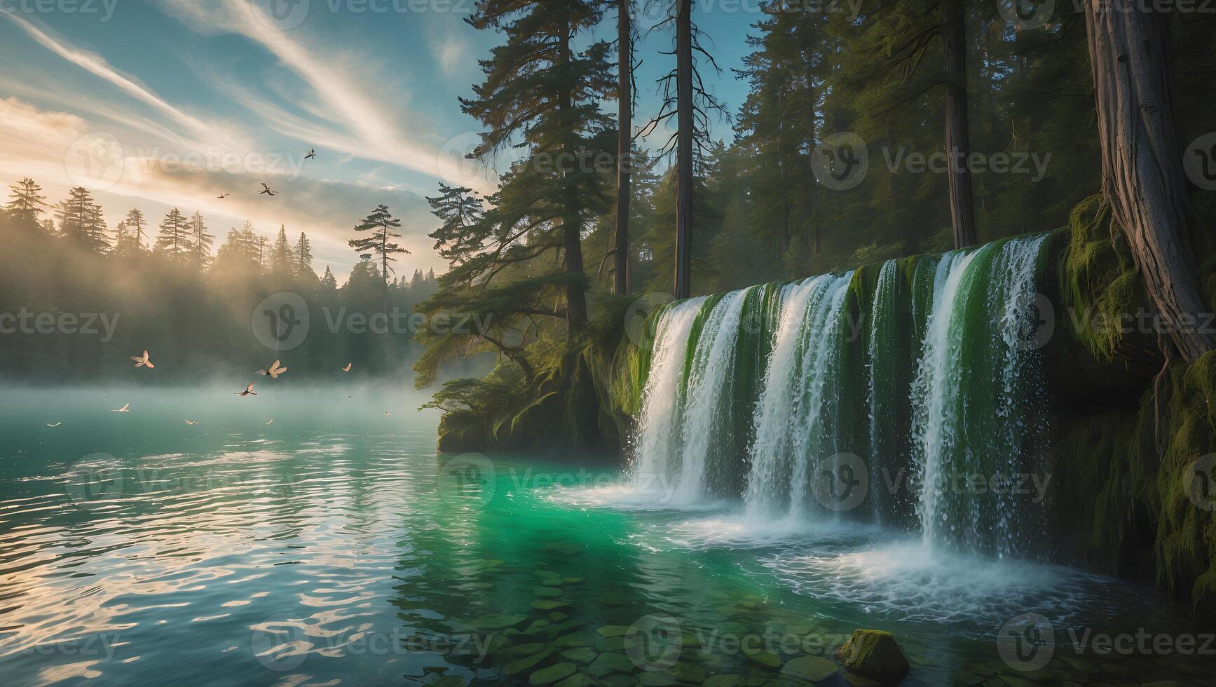 Cascading Waterfall Flows Into Tranquil Lake Surrounded by Forest photo