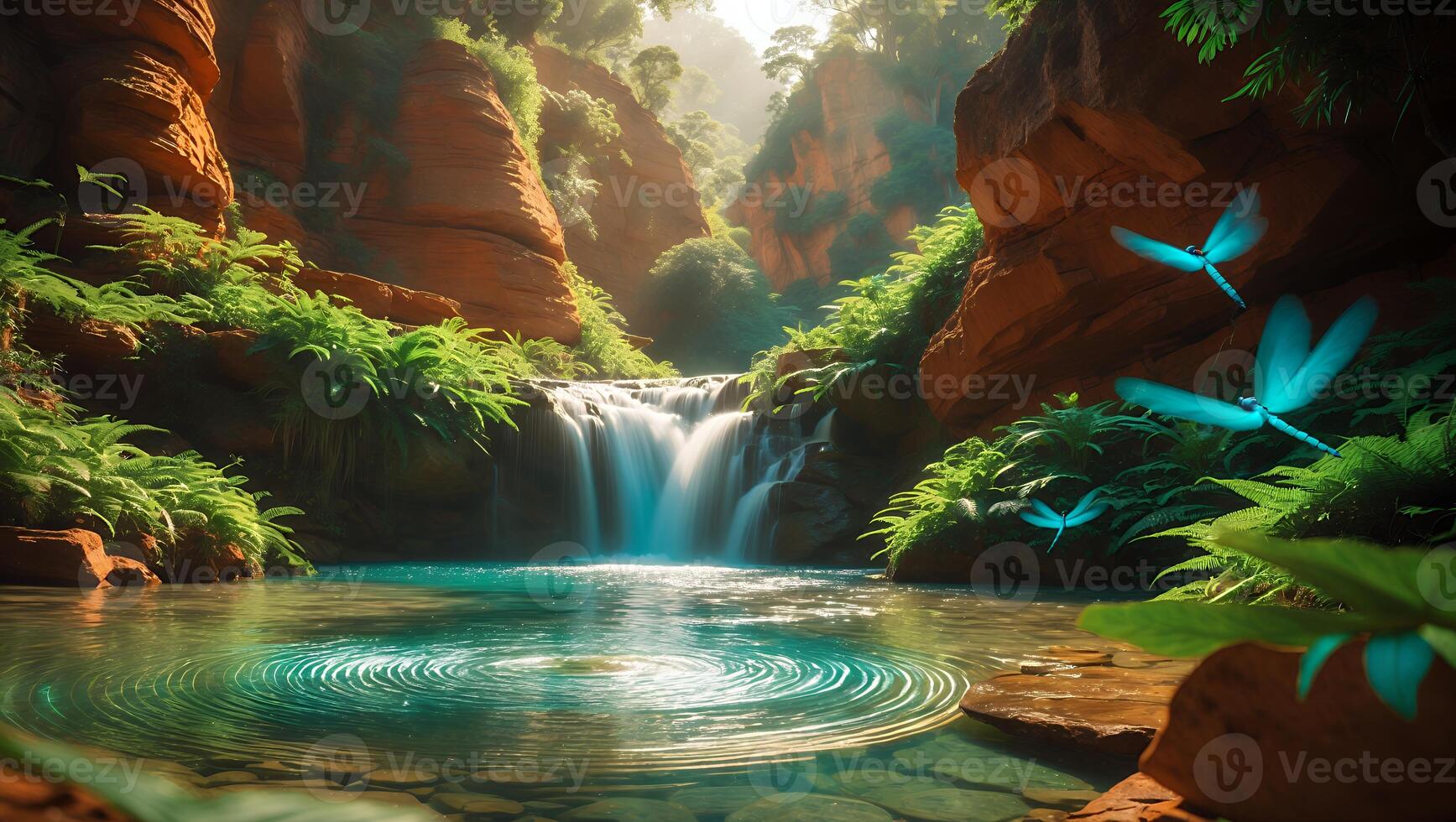 Waterfall Flowing Into Pool Surrounded by Rocks with Blue Dragonflies photo