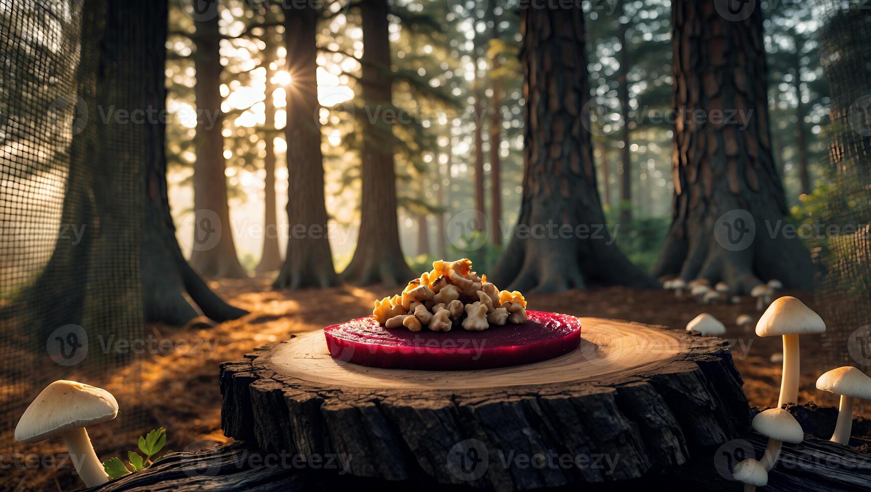 Food Presentation in Forest Setting with Mushrooms and Sunlight photo