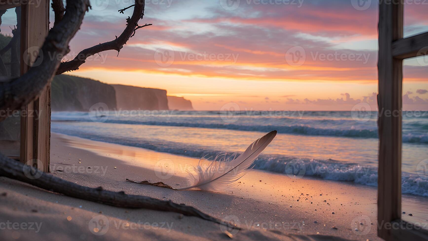 Feather on Beach Sand with Sea View Through Window at Sunset photo