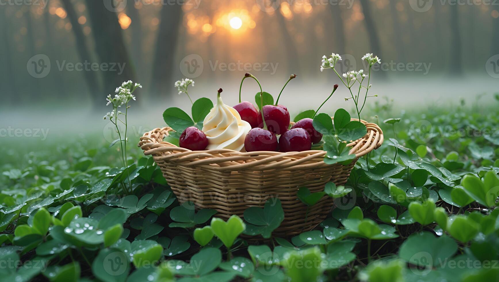 Cherries and Ice Cream in Basket on Clover Field at Sunset photo