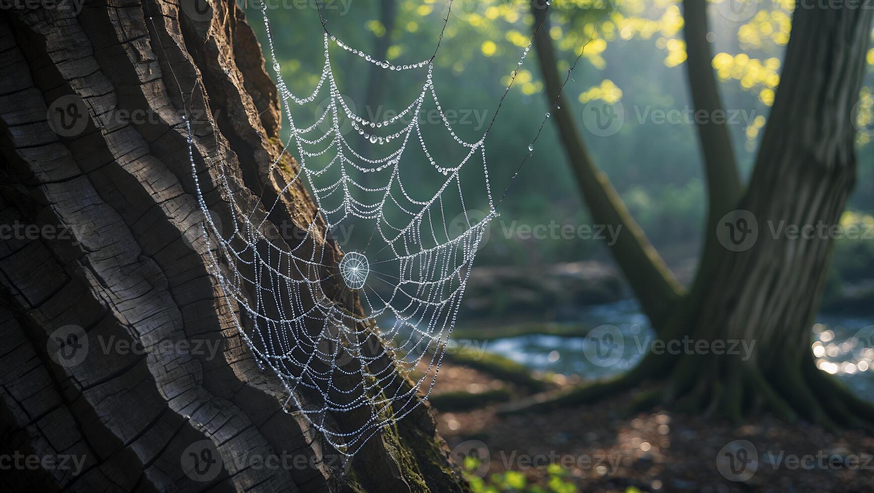 Spiderweb on Tree Covered in Dewdrops with Forest River Backdrop photo