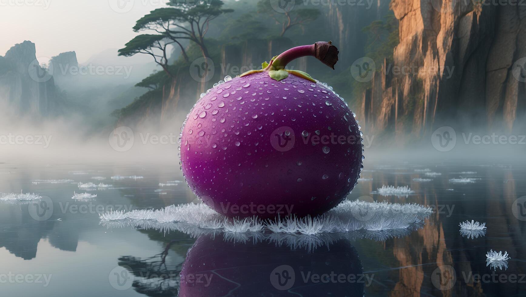 Purple Fruit with Water Droplets on Ice Lake Foggy Landscape photo