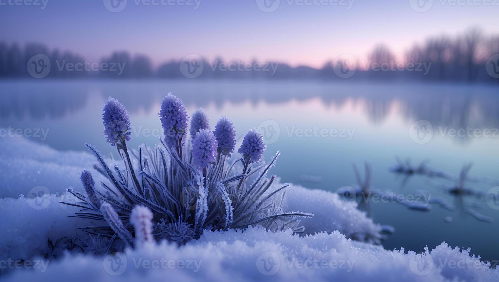 Frozen Flower Bloom Near a Peaceful Lake on a Winter Morning photo