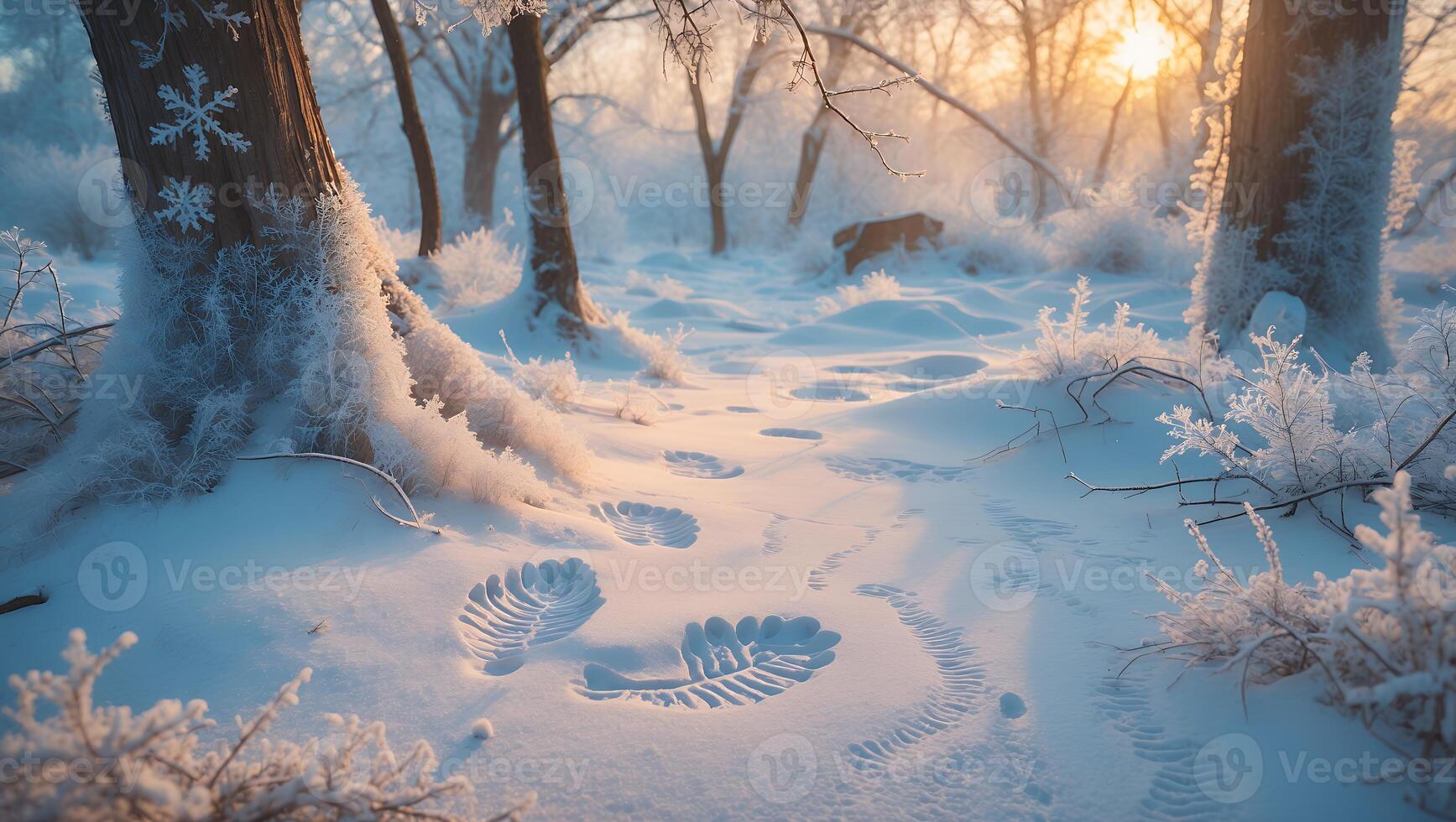 Walking Through Winter Wonderland Snow Covered Forest with Footprints Trail photo