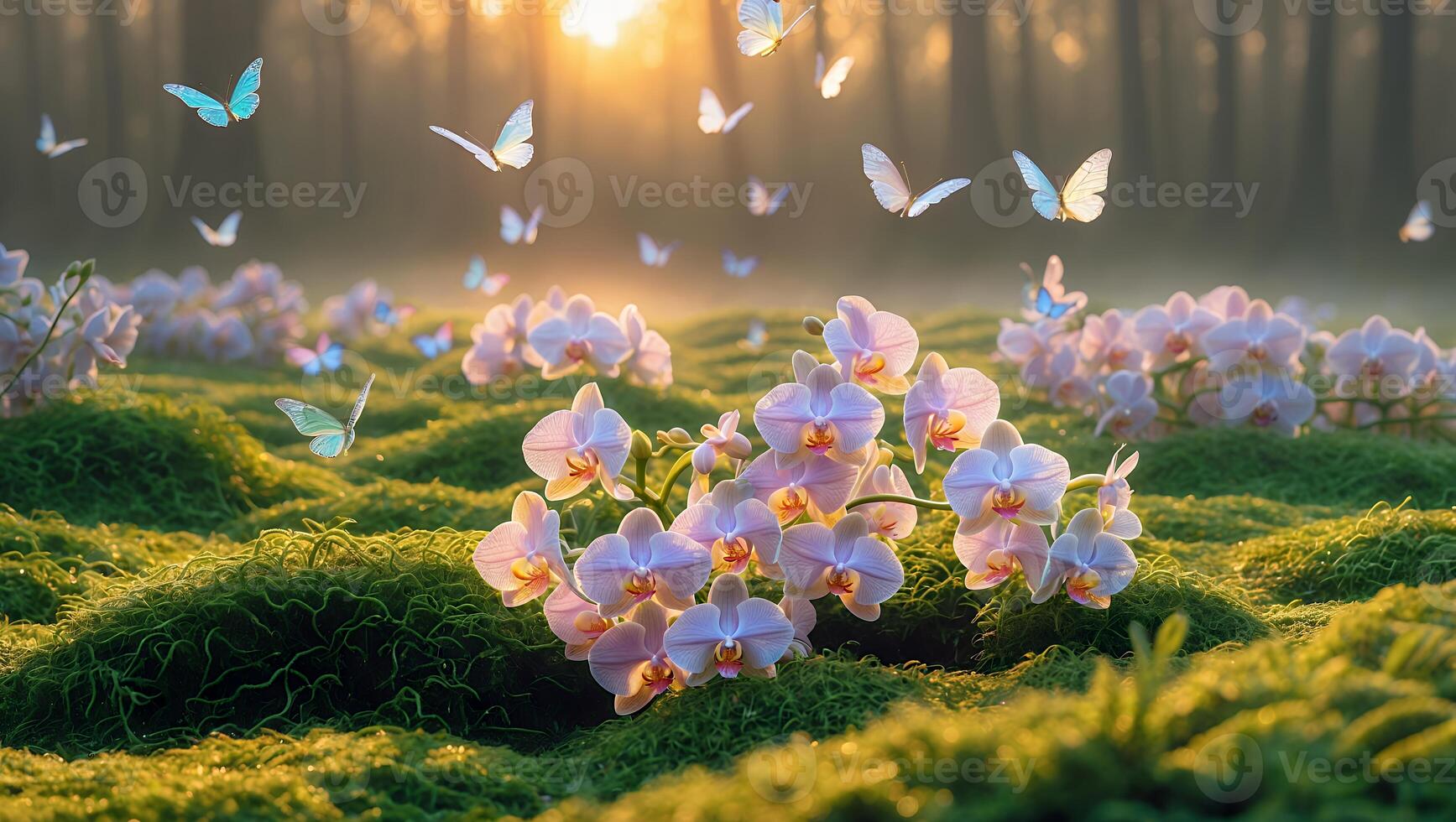 Orchid Flowers and Butterflies in a Misty Meadow at Sunrise photo