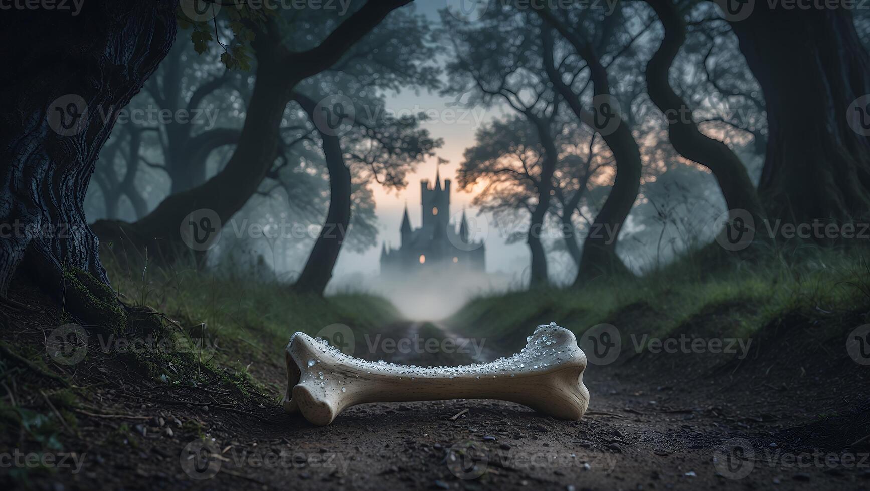 Bone on Forest Path Leading to Distant Castle Amidst Fog photo