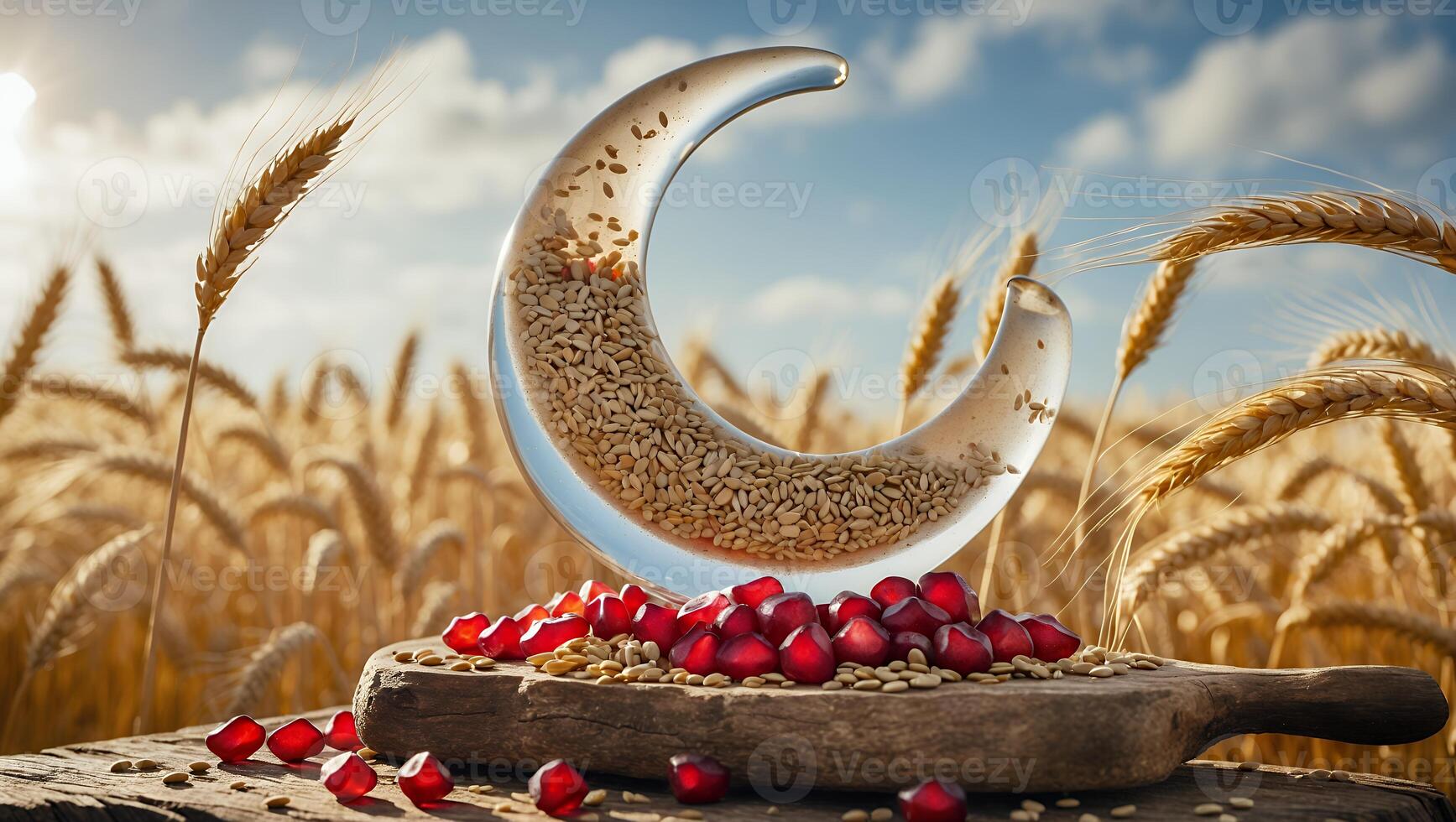 Grain and Pomegranate Still Life on Wood in a Wheat Field photo