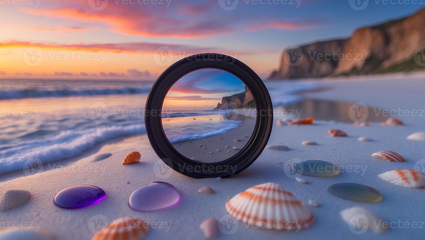 Seashore Through Circle Frame with Seashells and Sunset Landscape photo