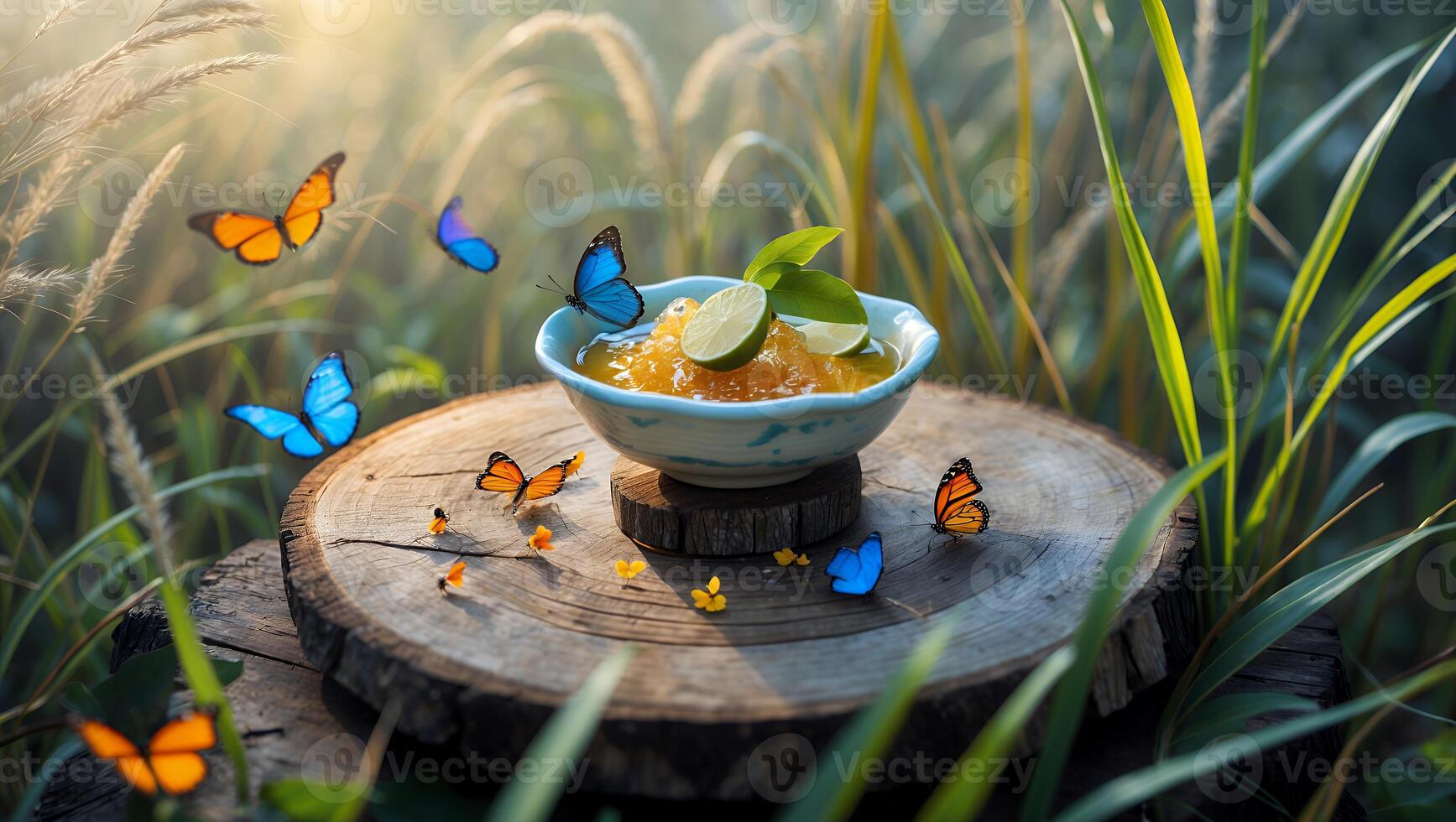 Citrus Jam Presentation with Lime and Butterflies on Wooden Surface photo
