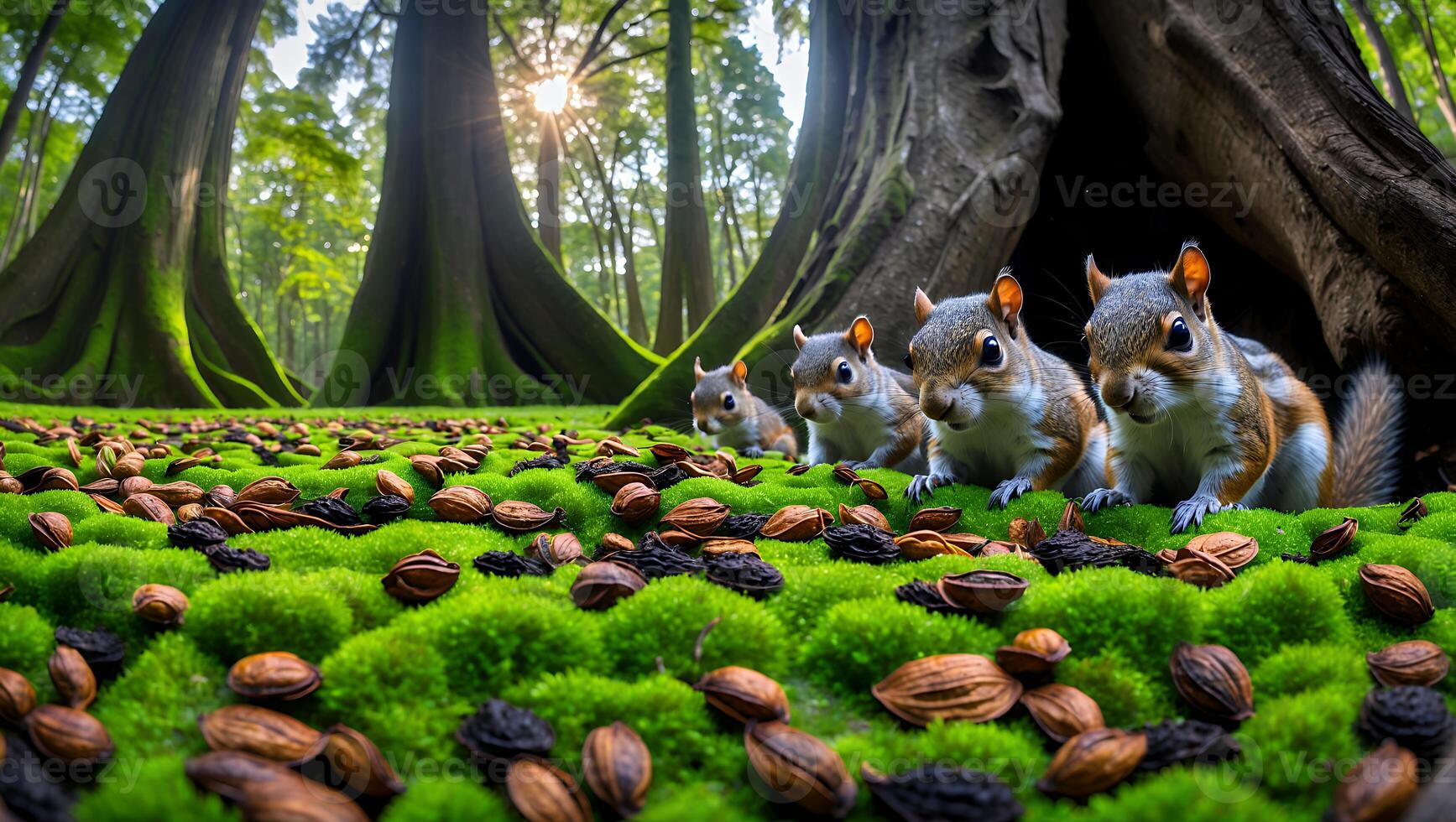 Four Squirrels Foraging for Nuts in Lush Green Forest Ground photo