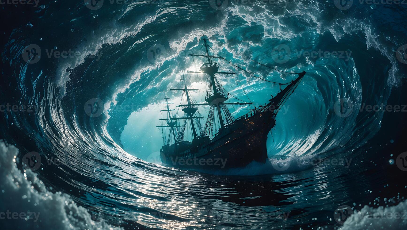 Ship Navigating Giant Ocean Wave with Light Breaking Through Water photo