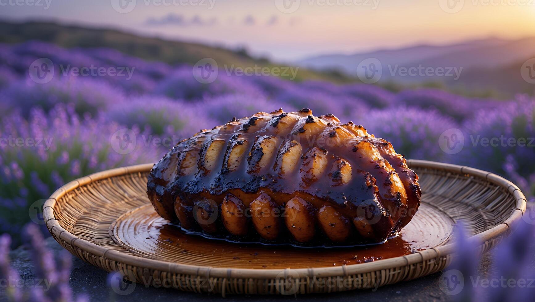 Roasted Meat Dish on Wicker Plate Against Lavender Field Scenery photo