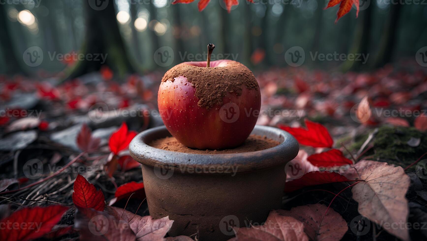 Red Apple with Cinnamon in Pot Surrounded by Autumn Leaves photo