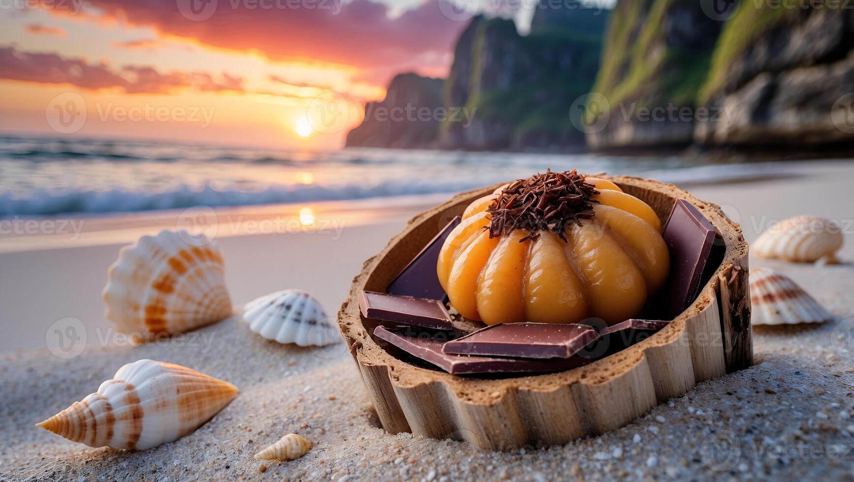 Dessert and Chocolate on Beach with Shells at Sunset photo