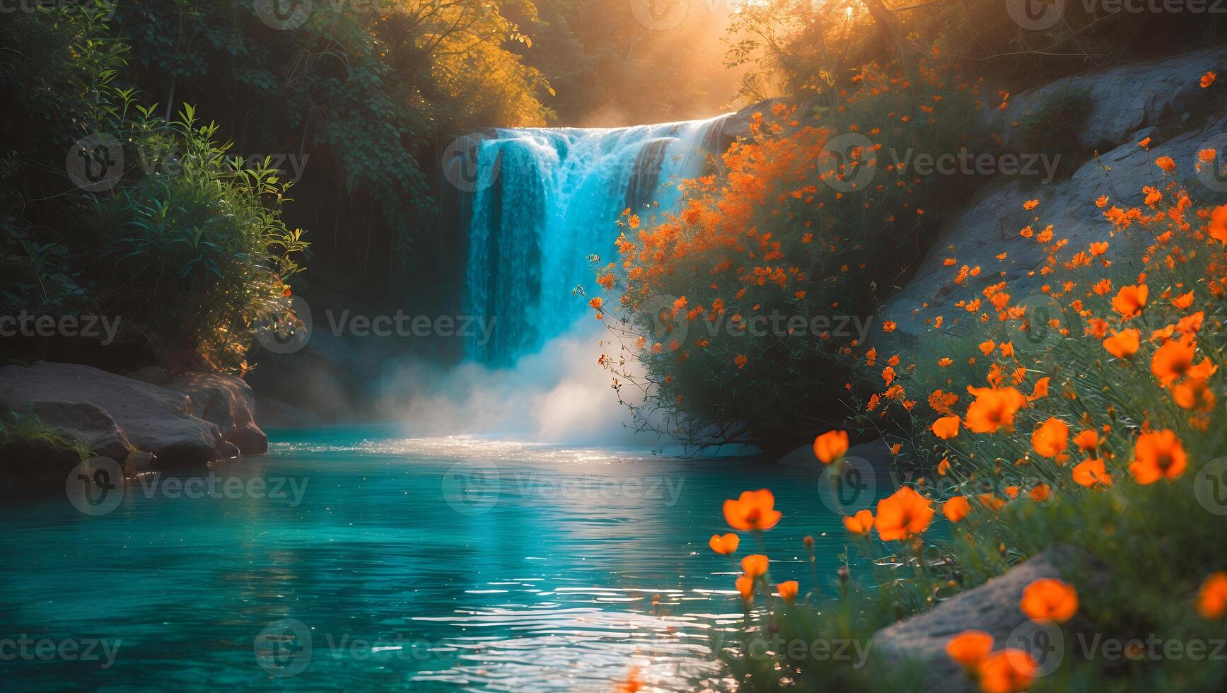Waterfall Flows Into Turquoise Pool with Orange Flowers and Sunlight photo