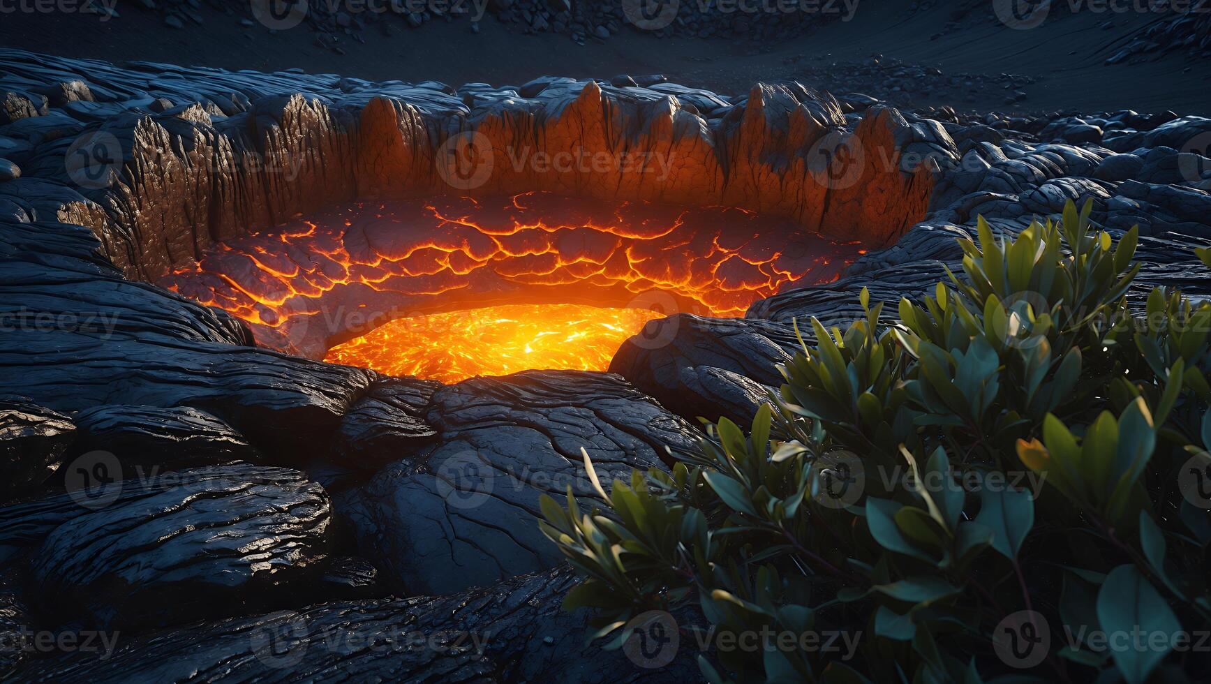 Glowing Lava Pit Surrounded by Black Rocks and Sparse Vegetation photo
