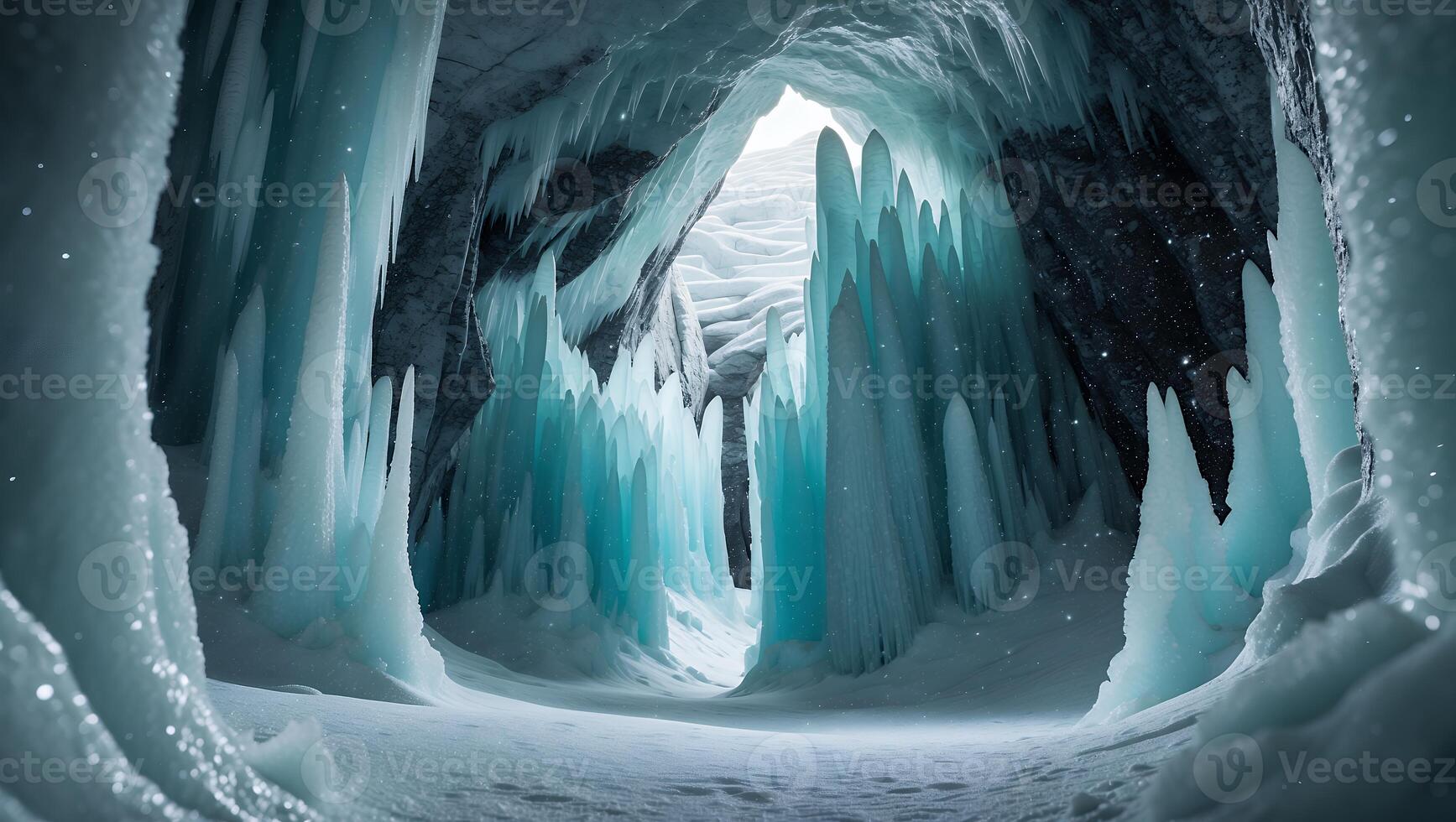 Exploring a Frozen Ice Cave with Blue Ice Formations and Snow photo