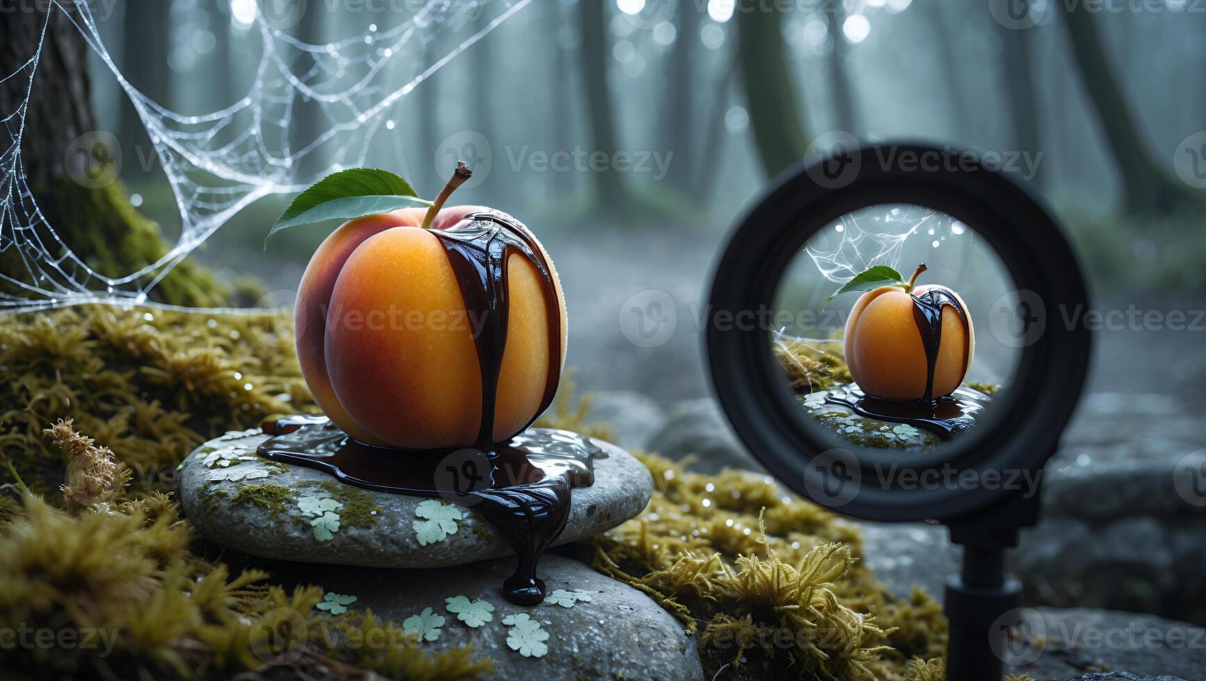 Peach with Chocolate Drizzle in Forest Reflected in Circular Lens photo