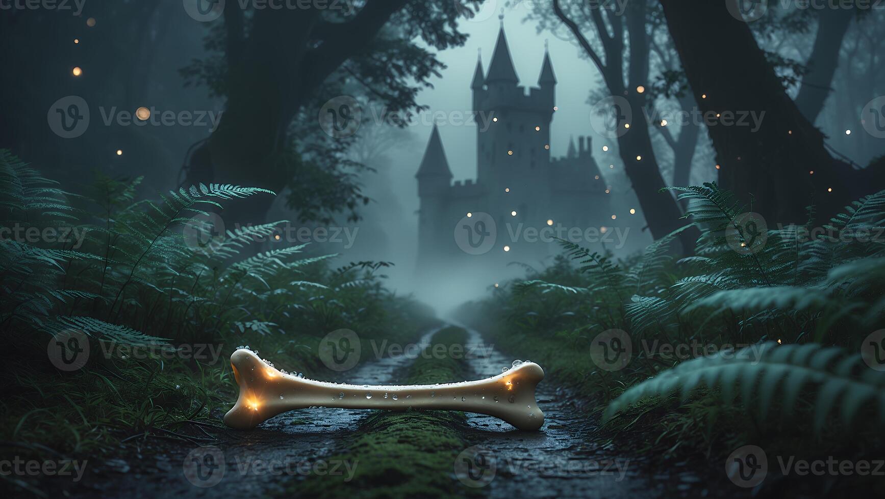 Bone Lying on Path Leading to Misty Castle in Forest photo