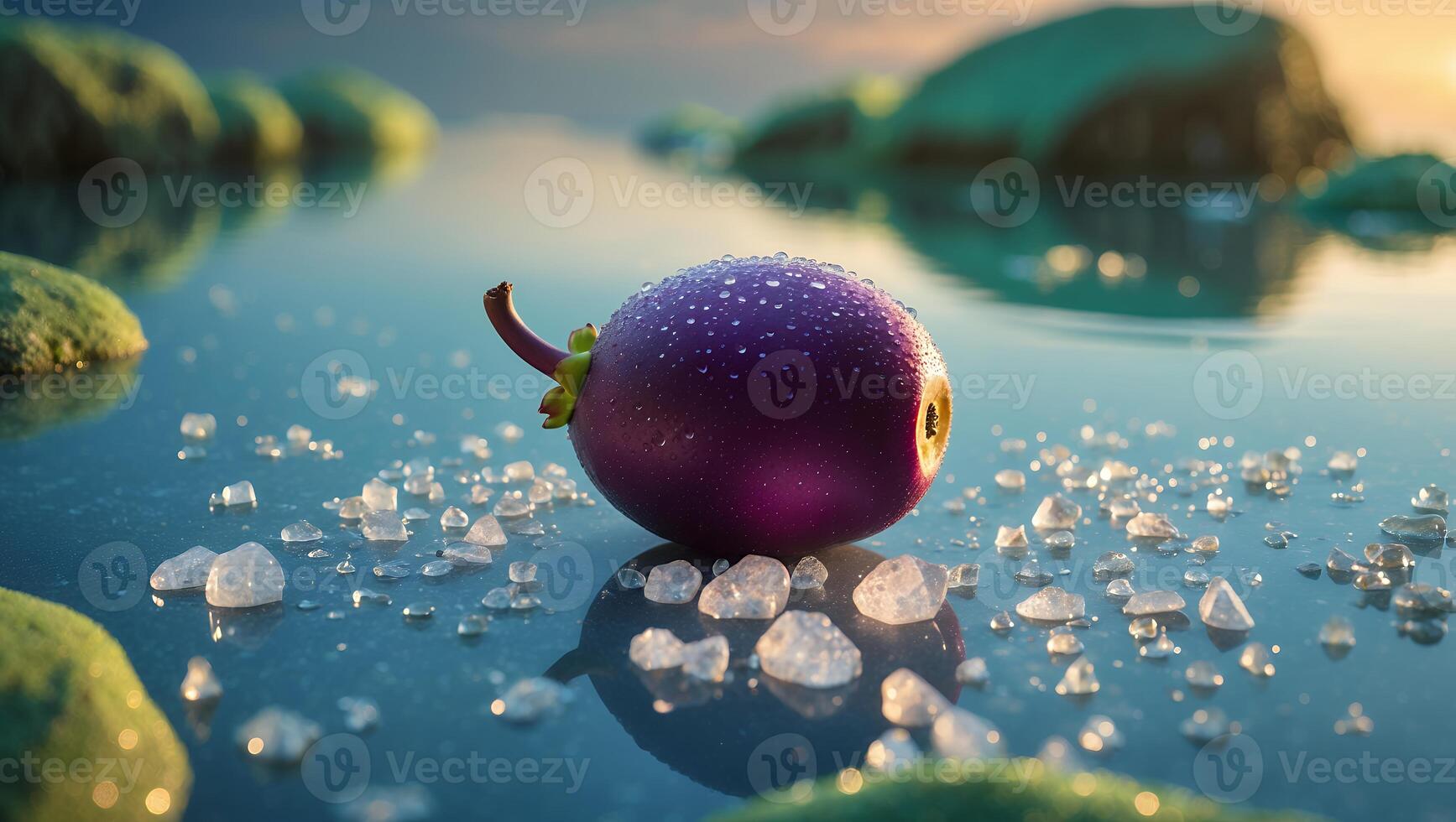 Wet Purple Fruit Surrounded by Ice Crystals with Water Reflection photo