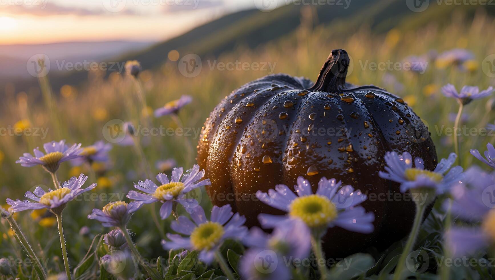 Dark Pumpkin on Flower Meadow During Sunset with Gentle Hues photo