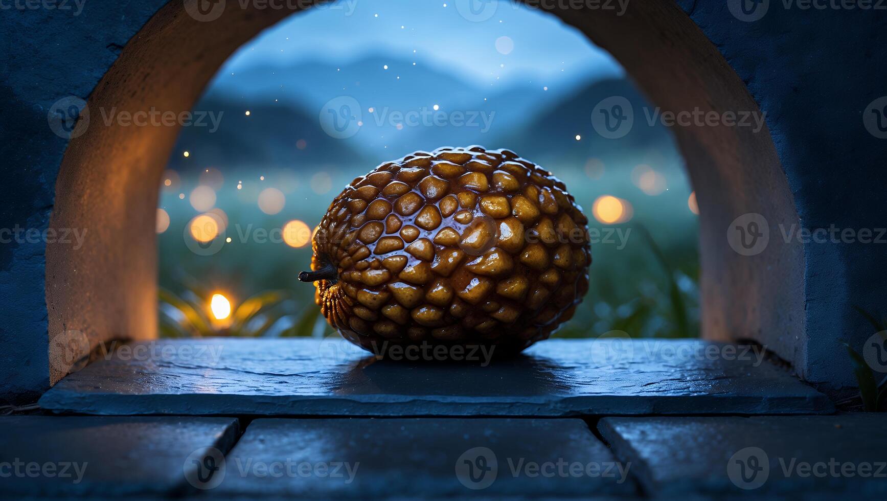 Unusual Textured Fruit Resting in a Stone Niche with Sparkles photo