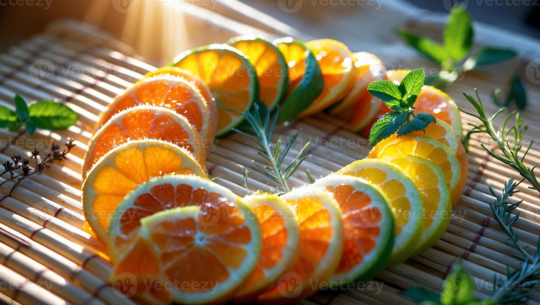 Arrangement of Citrus Fruit Slices with Mint and Rosemary on Bamboo photo