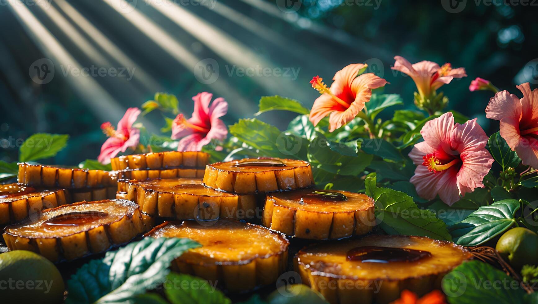 Stack of Pineapple Desserts with Hibiscus Flowers in a Garden Setting photo