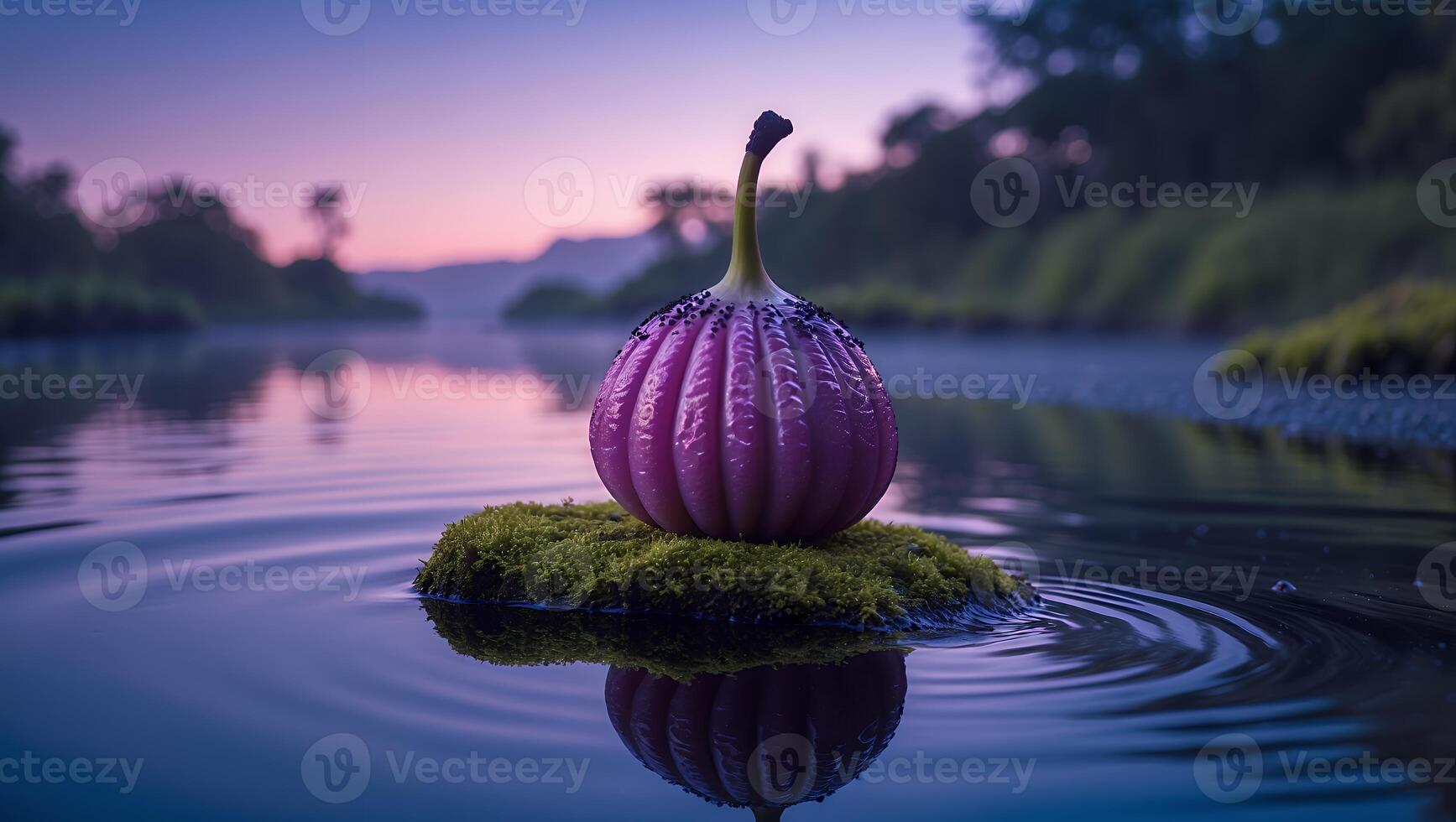 Unique Purple Fruit Floating on Moss in Calm Water Reflection photo