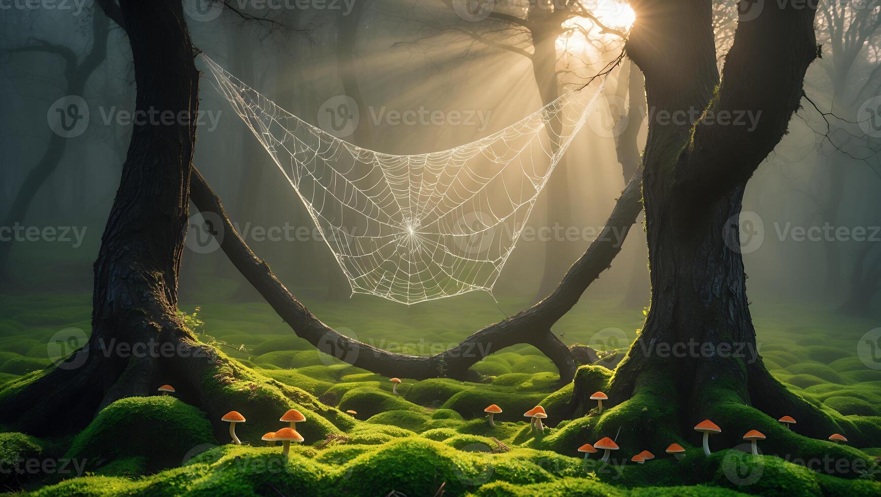 Spiderweb Suspended Between Trees in Mystical Forest with Mossy Ground photo