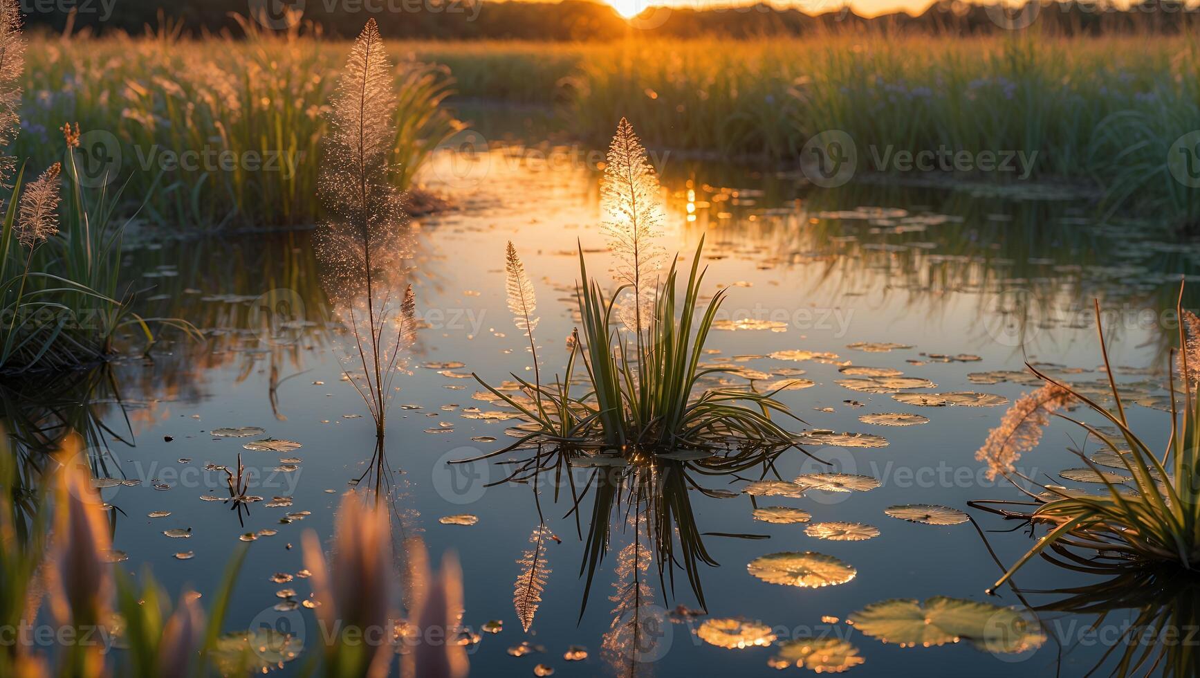 Pond with Aquatic Plants Reflected in Water at Glowing Sunset photo