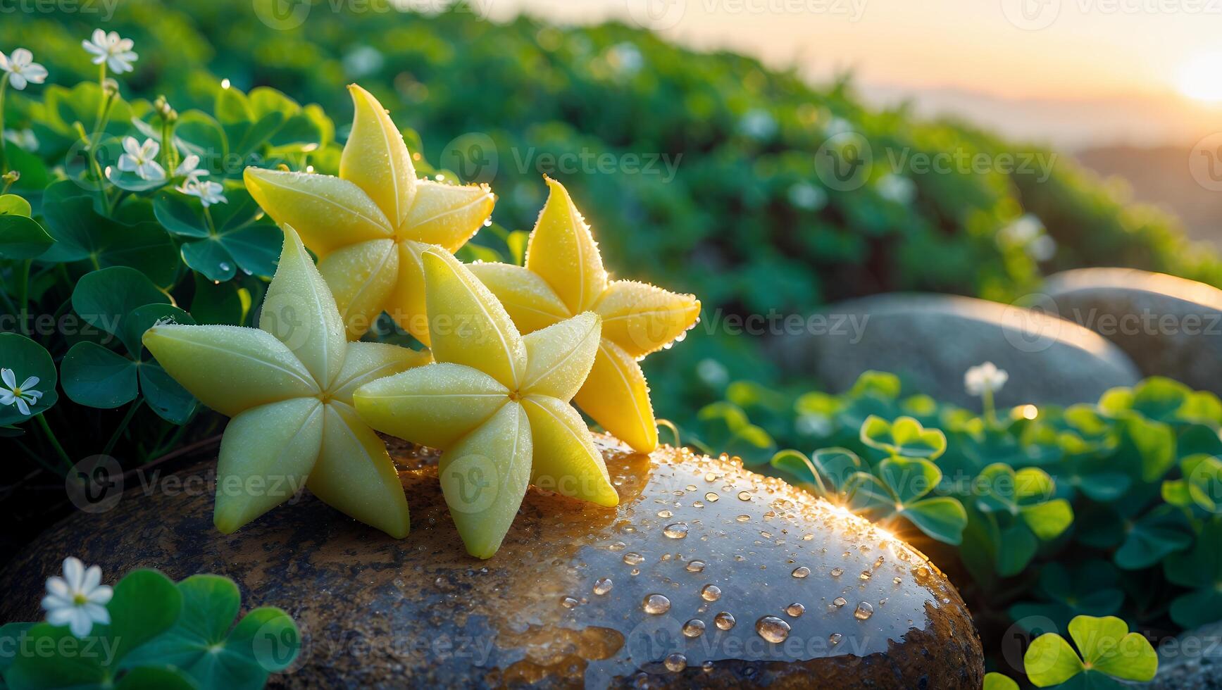 Arranging Yellow Star Fruits on a Stone with Greenery Scenery photo