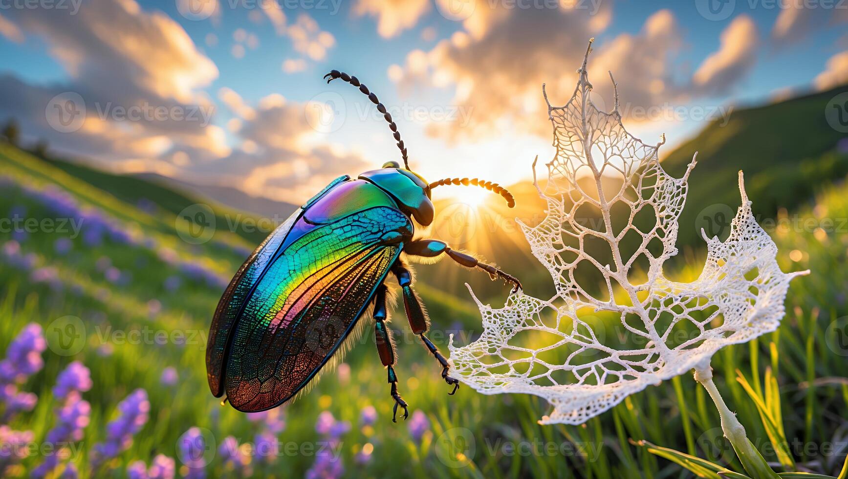 Iridescent Beetle Resting on Skeletal Leaf in a Sunny Meadow photo