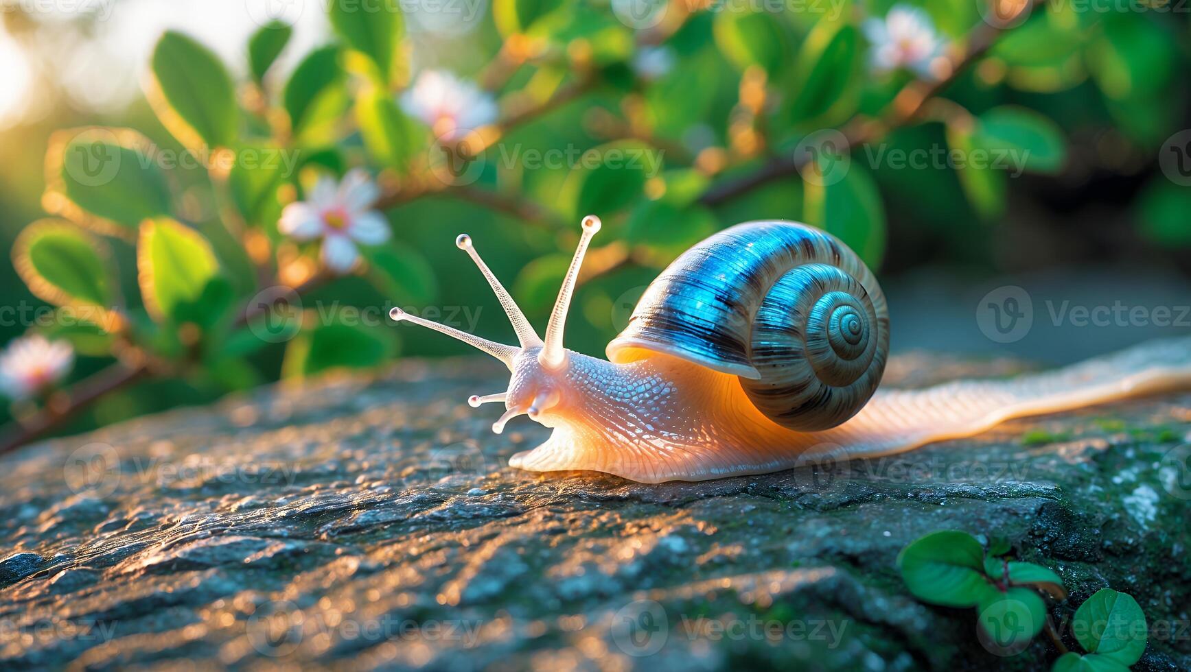 Snail Crawling on Rock in Garden with Sunlight and Greenery photo