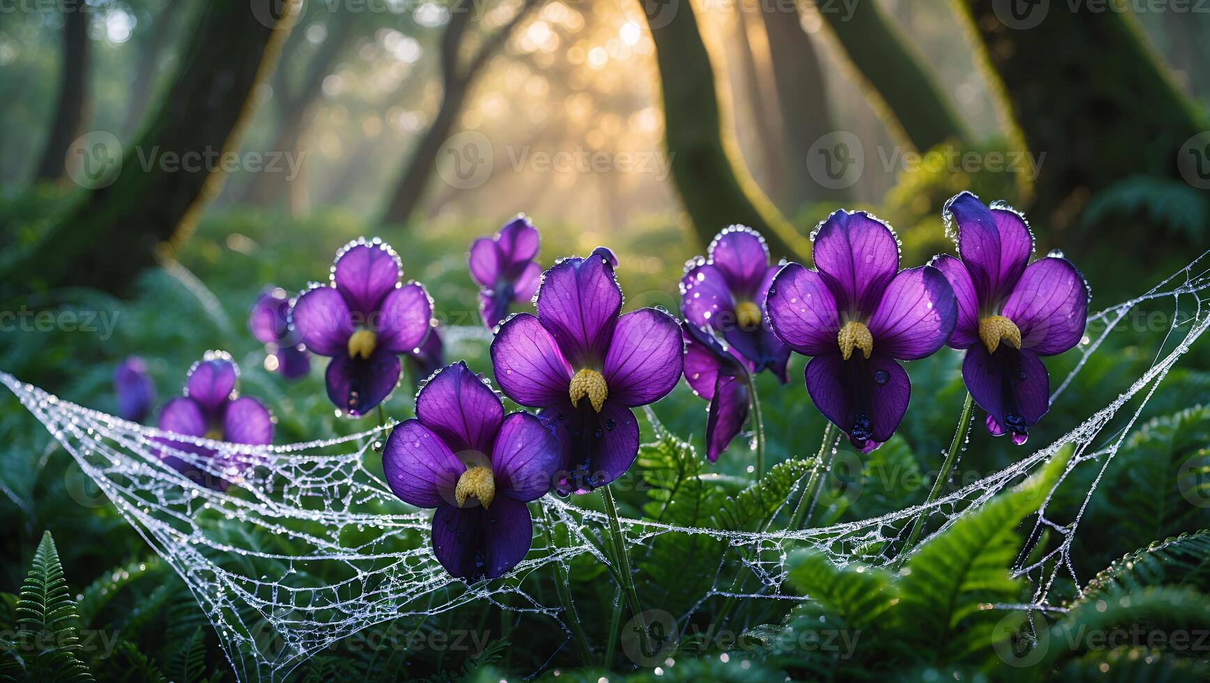 Purple Flowers with Dew Covered Spiderweb in Misty Forest Scene photo