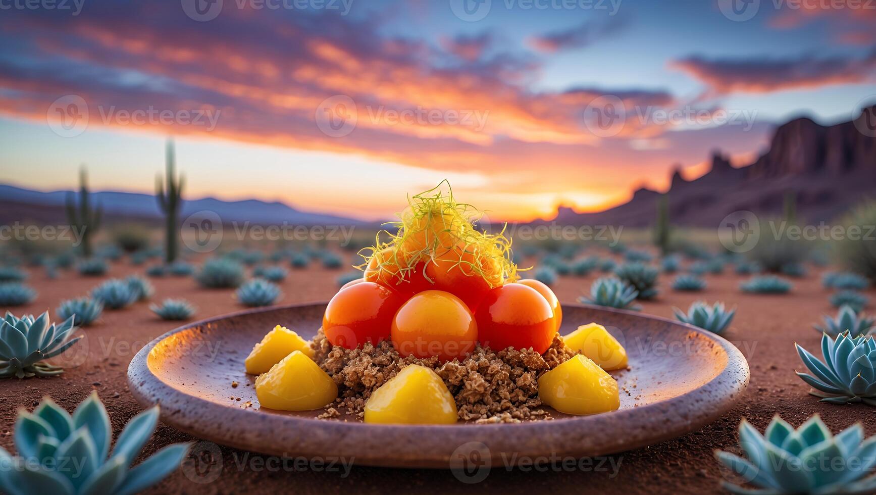 Desert Food Presentation with Sunset Background on Plate Outdoors photo