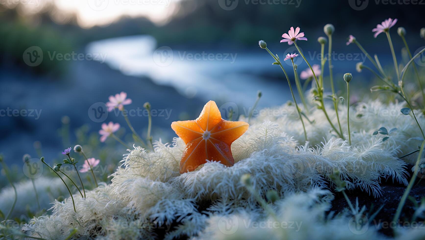 Star Fruit on Moss with Wildflowers by River at Dusk photo