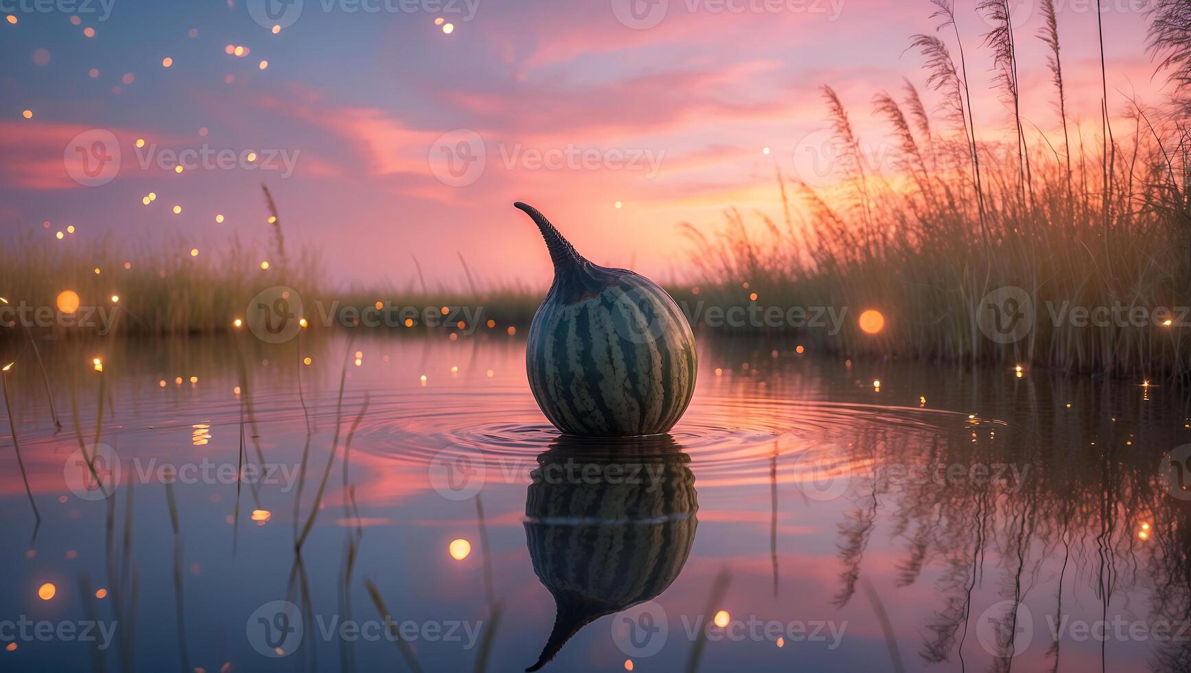 Gourd Floating on Water Surface Reflecting a Colorful Sunset Sky photo