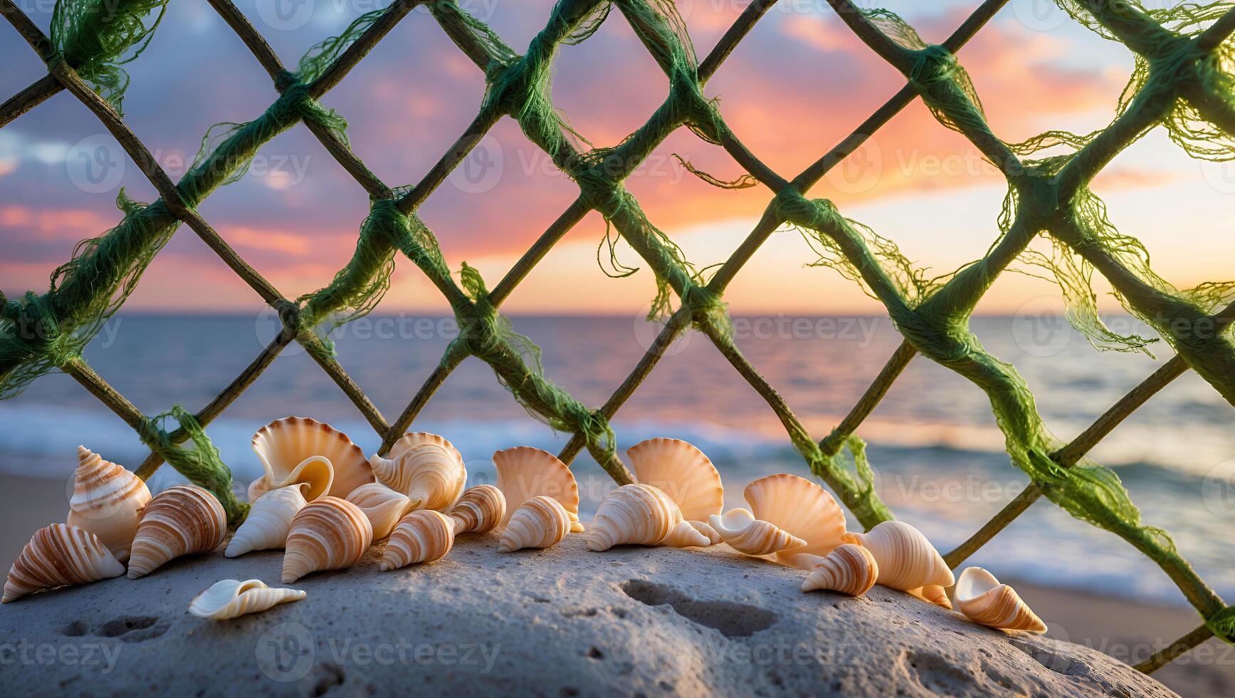 Seashells Display on Coastal Rock with Fishing Net and Sunset View photo