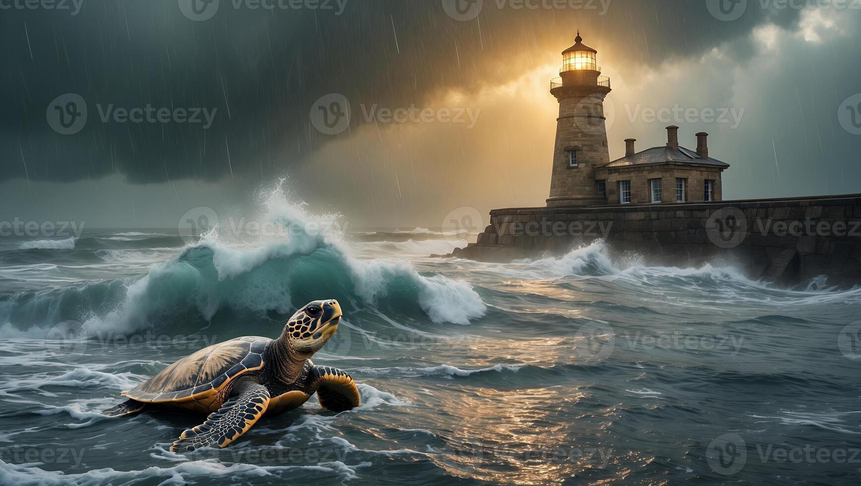 Turtle Swimming Near Lighthouse in Stormy Ocean with Dramatic Sky photo
