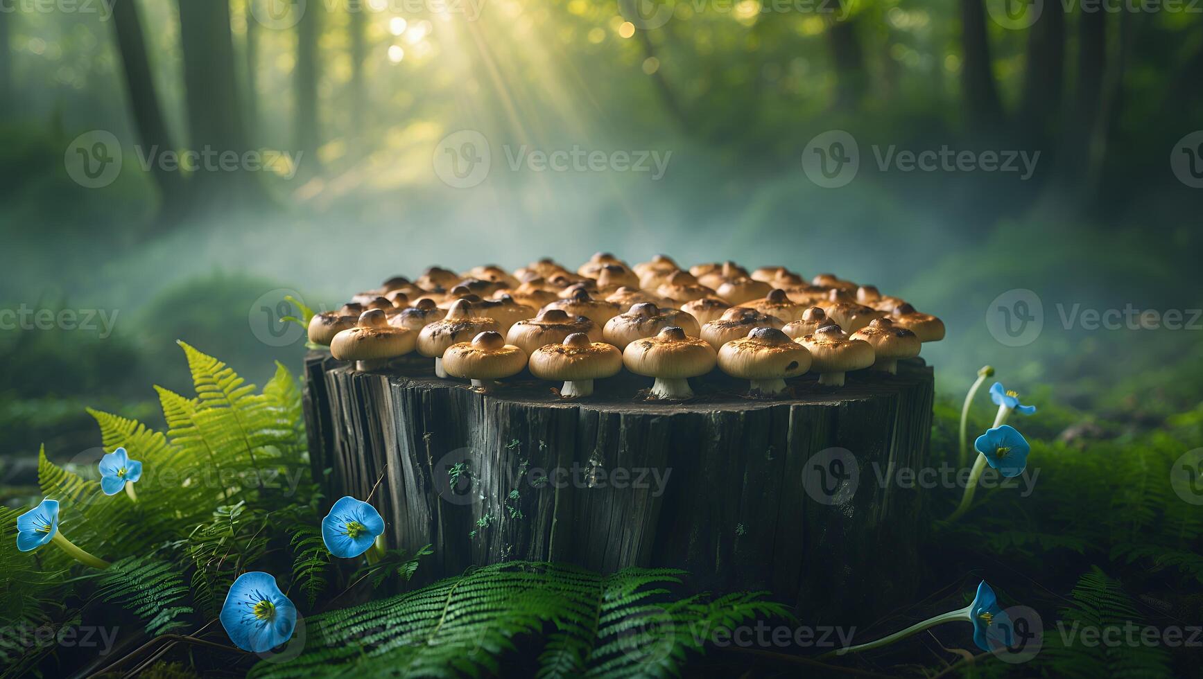 Mushrooms Growing on a Stump in Forest with Ferns and Flowers photo