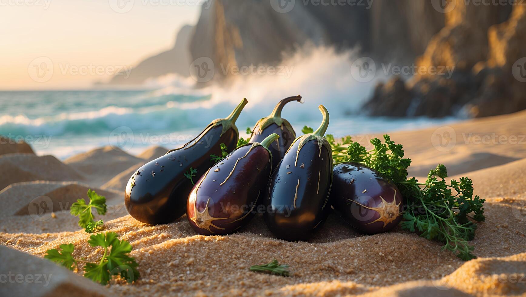 Eggplant Arrangement on Beach with Ocean Backdrop for Unique Culinary Concept photo