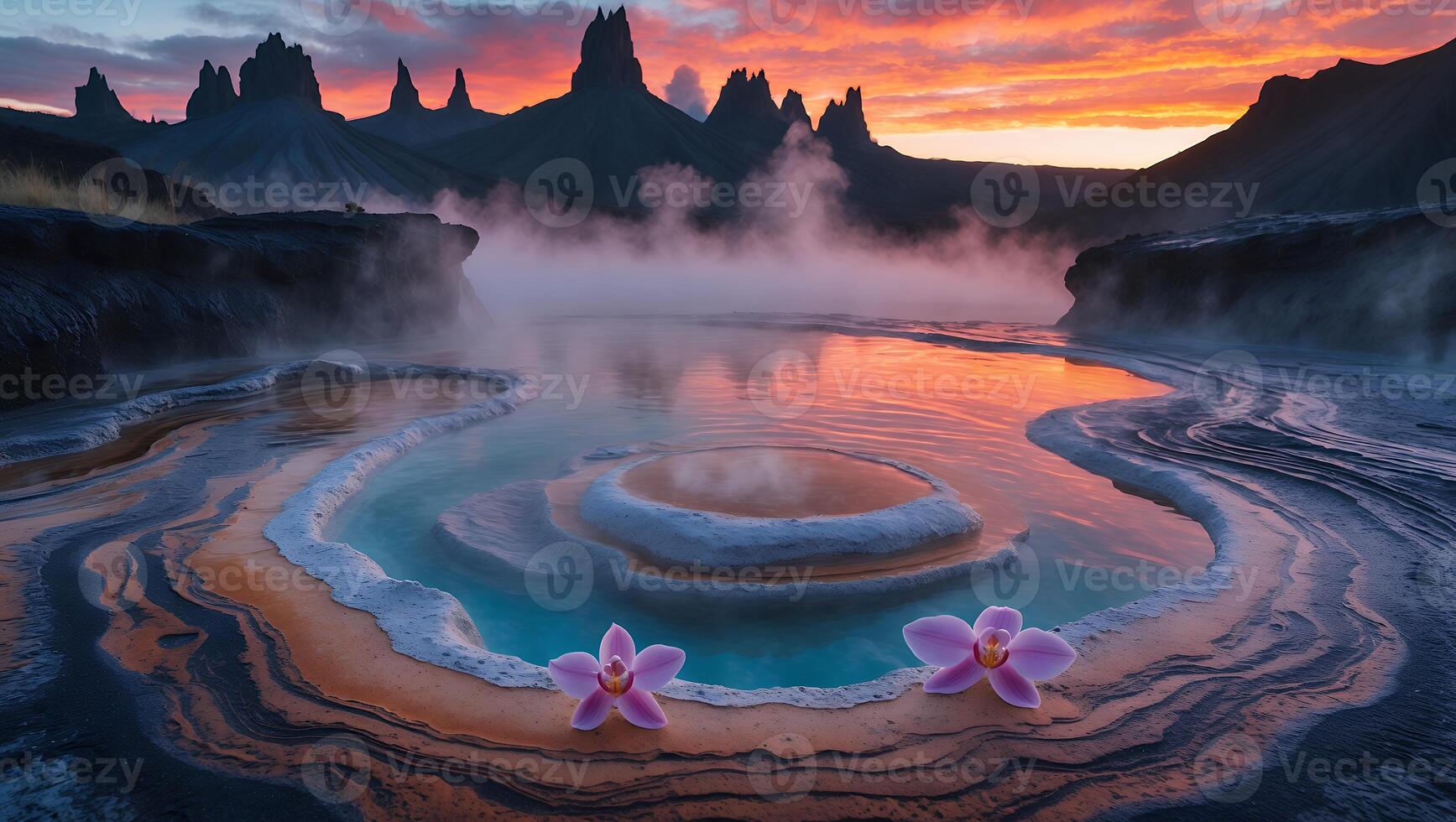Hot Spring with Flowers at Sunset Reflecting Cloudy Sky photo